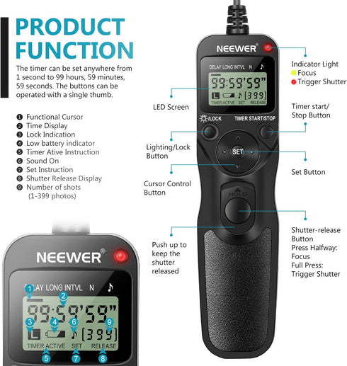 Neewer Digital Timer Remote Shutter Release Trigger for Nikon D90 D600 D610 D3100 D3200 D3300 D5000 D5100 D5200 D5300