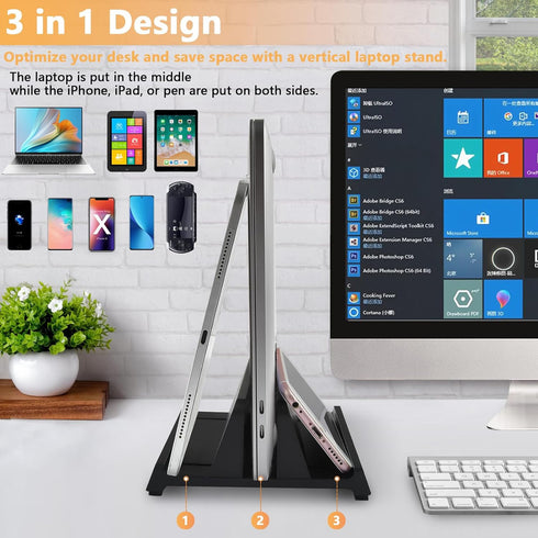 Vertical Laptop Stand Holder, ABS Organizer with Adjustable Dock for PC up to 17.3 inches, MacBook, Phone, Black