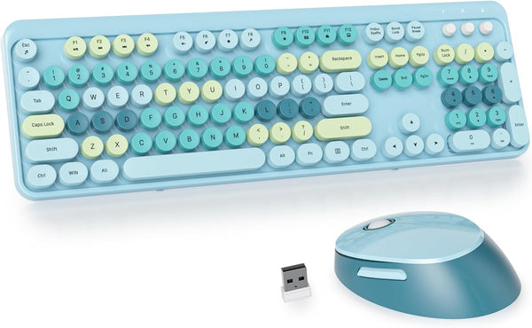 GTSP Typewriter Colorful Wireless Keyboard and Mouse Combo, 2.4GHz Full-Size Retro Cute Office Computer Keyboard with
