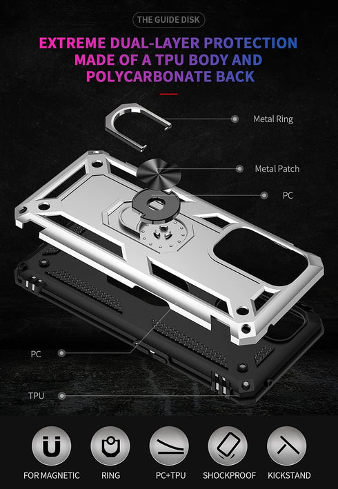 Military Grade Drop Impact Case for Oneplus 9 Pro, 360 Metal Rotating Ring Kickstand Holder, Shockproof (Silver)