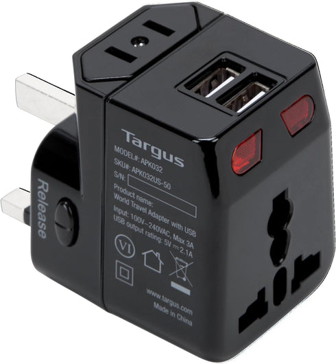 Targus World Travel Power Adapter with Dual USB Charging Ports for Laptop, Phone, Tablet