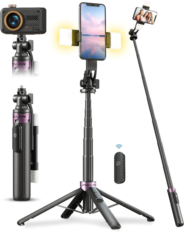 ACKIMA 53'' Selfie Stick Tripod with Light, Enhanced 4-Leg Cell Phone Stand Camera