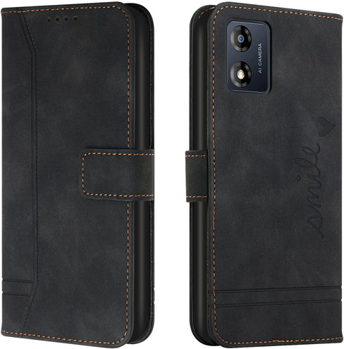 Motorola Moto E13 Wallet Case, Cute PU Leather with Magnetic Kickstand & 3 Card Slots - HX3 Smile Black Protective Case.