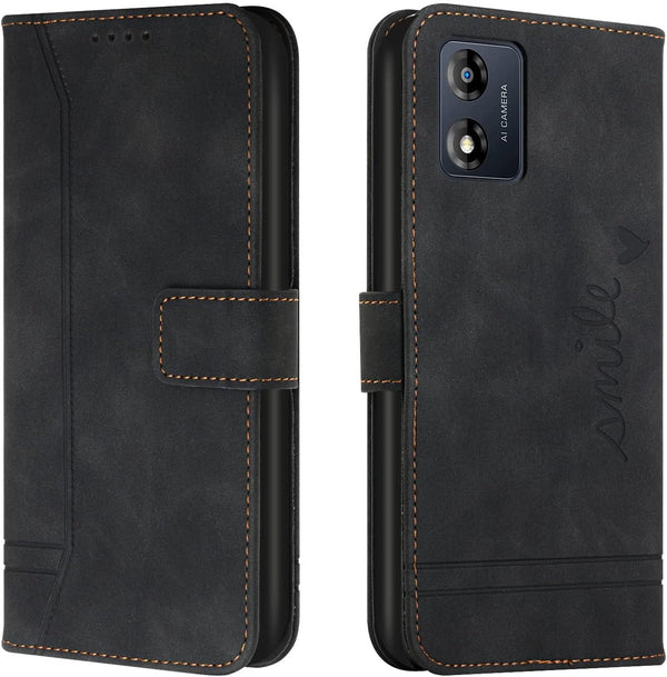 Motorola Moto E13 Wallet Case, Cute PU Leather with Magnetic Kickstand & 3 Card Slots - HX3 Smile Black Protective Case.