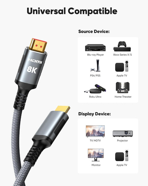 8K 25 48Gbps 2.1 10K 8K@60Hz, 4K@120Hz TV/Laptop/Monitor/PS-5/X-box/Projector/Entertainment, Snowkids HDMI Cable FT