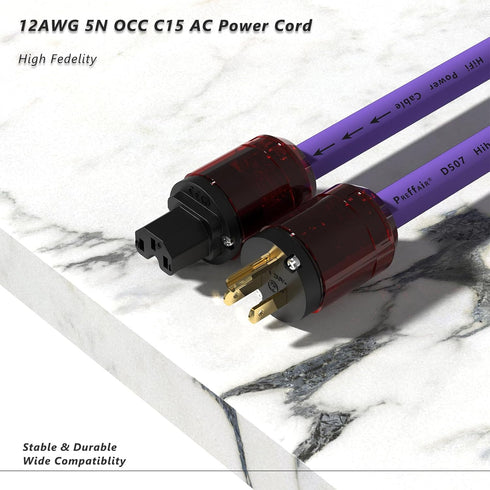 Prefffair Power Cables HiFi Shielded US Power Cord, 12AWG 4N OFC Copper with 24K Gold Plated Connector