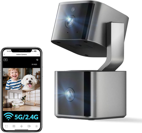 Aurumbach Dual Lens Security Camera Indoor 5G/2.4G WiFi, 2K+2K Pet Camera with Pan