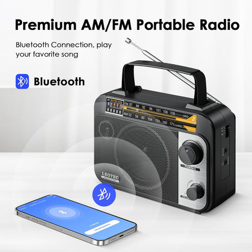 LEOTEC AM FM Radio with Bluetooth - Portable Vintage Transistor Radio, Rechargeable Battery/4 AA Cell Battery