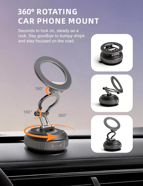 Vearstie 30N 360 MagMount Pro High-Power Magnetic Car Phone Holder, Rotating Lock-Vacuum Suction Cup with Zinc Alloy