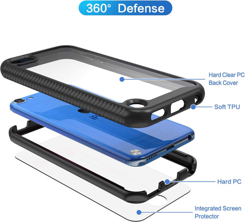 2 in 1 Shockproof Case for iPod Touch 7th Generation with 2 HD Screen Protectors, Black