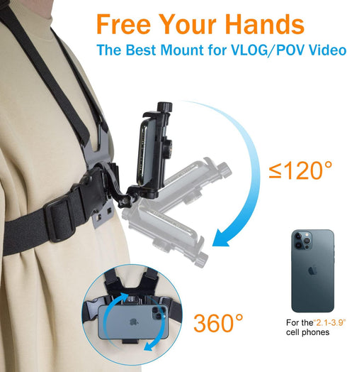 Mobile Phone Chest Strap Mount Harness and Head Strap Holder Kit for VLOG/POV Phone Holder Compatible with iPhone, Samsung, Google and GoPro, AKASO, DJI Osmo Action Camera