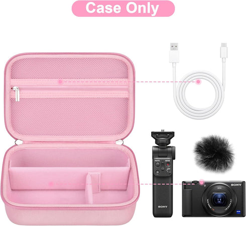 Canboc Carrying Camera Case for Sony ZV-1/ ZV-1 II/ZV-1F Vlog Digital & Vlogger Accessory Kit Tripod, Travel Storage Bag with Strap, Mesh Pocket fit Cable, Pink