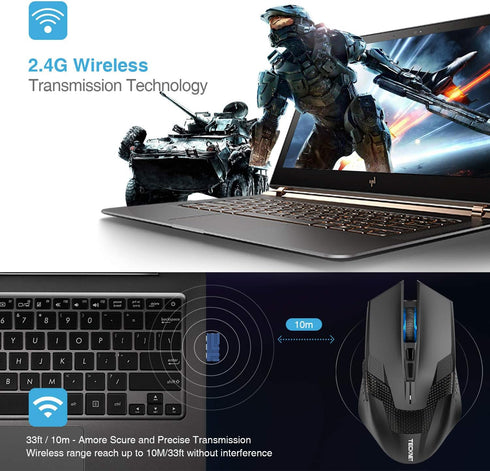 TECKNET Wireless Mouse, USB Cordless Computer Mouse with 8 Buttons, Ergonomic Design, High-Precision 5 Adjustable DPI