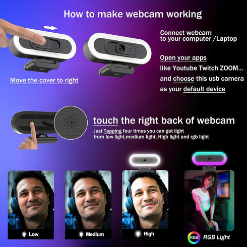 Hrayzan 2K 65 USB-C Webcam with Ring Light/Fill RGB Light, Privacy Cover, Built-in Dual Microphone, FOV, Plug & Play