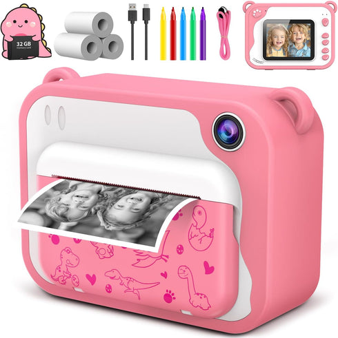 Kids Camera Instant Print 1080p, Dinosaur Toddler Camera, Ink Free Printing for Kids Aged 3-12, Gifts (Pink)