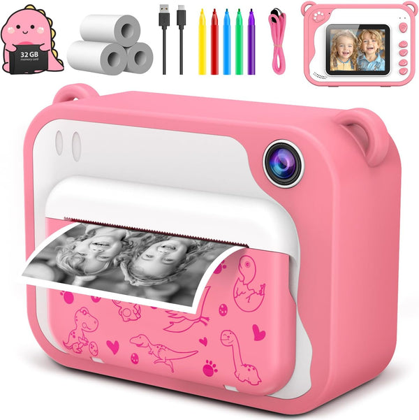 Kids Camera Instant Print 1080p, Dinosaur Toddler Camera, Ink Free Printing for Kids Aged 3-12, Gifts (Pink)