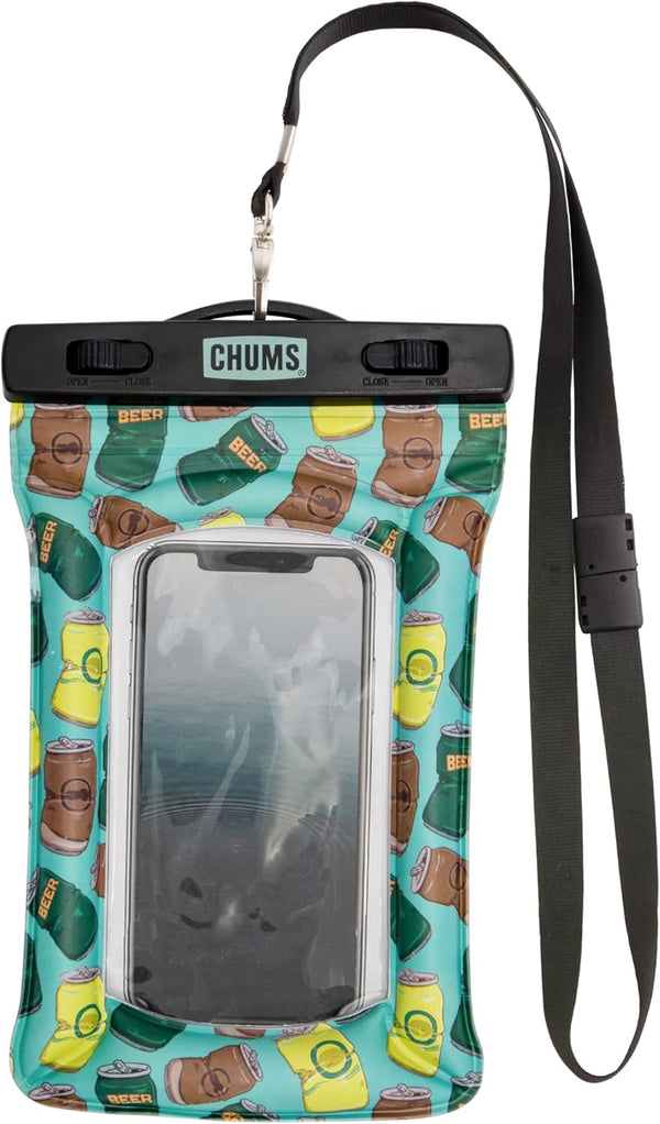 Chums Floating Phone Case with Lanyard, Touchscreen Compatible Waterproof Phone Pouch (Beer Can Happy Hour)