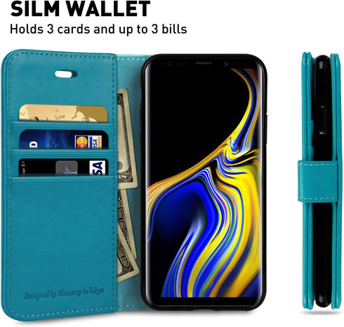 MONASAY Wallet Case for Galaxy Note 9, 6.4 inch, Light Blue Flip Folio Leather Cover with RFID Blocking