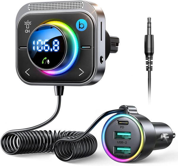 JOYROOM Bluetooth 5.3 FM/AUX Car Adapter, 3 Ports PD&QC 3.0 FM Transmitter for Car, Bass Boost, HD Calling, Enjoy Music