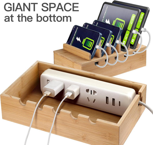 Bamboo Charging Station Organizer for Multiple Devices, Nightstand Bedside Desk Docking Charger for Laptops, Tablets,