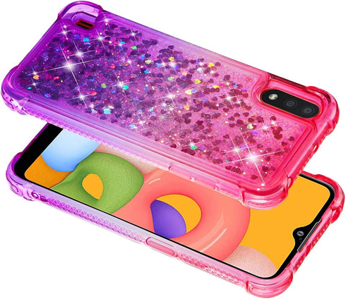 Galaxy A01 Case - Pink/Purple Glitter Bling Floating Liquid Sparkle Quicksand TPU Cover with Tempered Glass Protector
