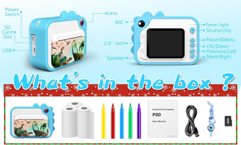 Kids Instant Print Camera, 1080p Ink Free Printing Dinosaur Camera for Ages 3-12, Christmas Birthday Gifts, Blue