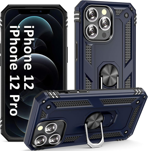 ADDIT iPhone 12 Case, Military Grade Heavy Duty Protection, Kickstand Ring, Shockproof, Blue