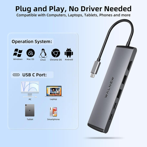 USB C Hub, WALNEW 7 in 1 Docking Station with 4K HDMI, 100W PD, 3 Data Ports, TF/SD Card Reader for Laptop