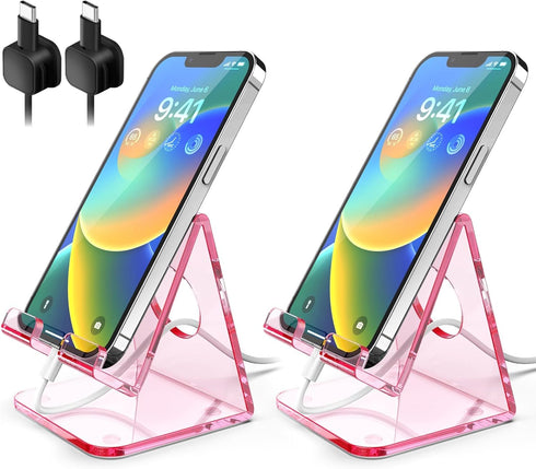 TOPGO 2 Pack Acrylic Phone Stand, Pink Phone Holder for Office Desk, Vanity,