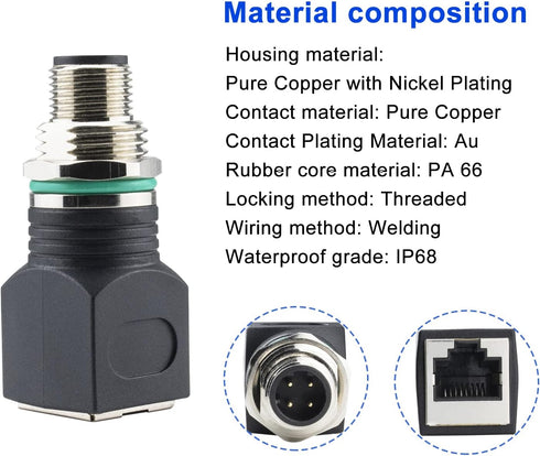 RJ45 to M12 4-Pin Adapter - M12 RJ45 Male Female Industrial Ethernet Connector, IP68 Waterproof, 10Gb/s Transmission
