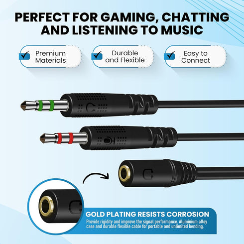 3.5mm Headphone Splitter Cable: 1 Female to 2 Male for Aux, Mics, Earbuds, Gaming Headset, PC, Laptop, Tablet - Black