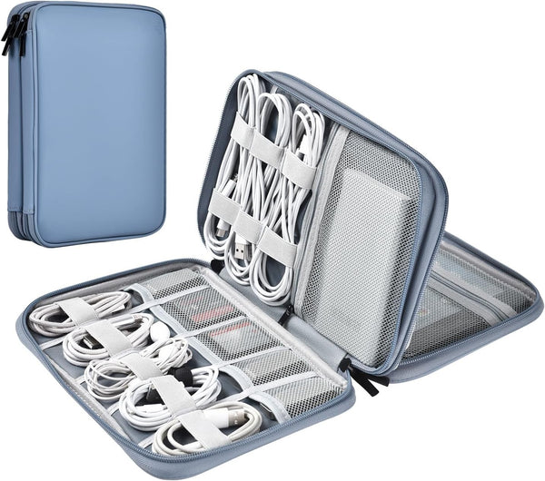Leather Cord Organizer Travel Bag, Waterproof Tech Organizer for Charger and Electronic Accessories (Gray&Blue)