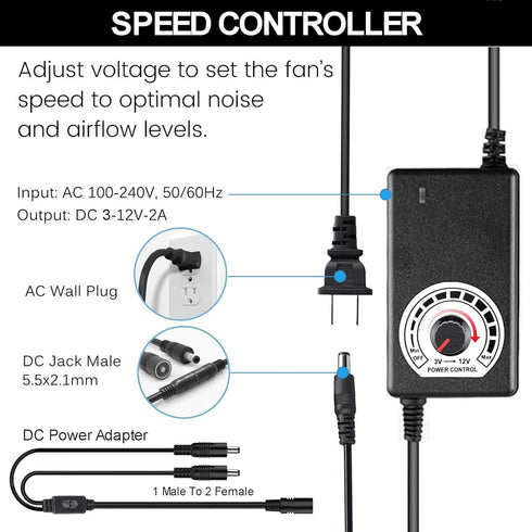 2 120mm 240mm 110V 220V 12V Big Airflow x Computer Case Fan with AC Plug Power Supply, Dual PC Cooling Fan with Speed
