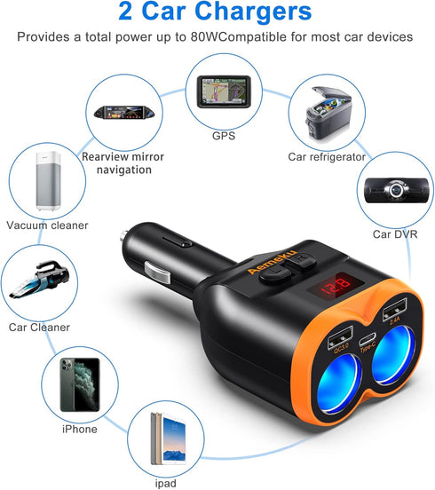 PD20W USB-C QC3.0 Fast Charger Car Adapter 120W 2-Socket 12/24V with Dual USB-A, LED Voltmeter, Replaceable Fuse