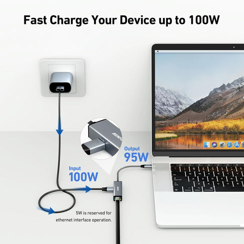 BENFEI USB-C to Ethernet Gigabit Adapter with 100W Power Delivery, Thunderbolt 3/4 to RJ45 Ethernet LAN Adapter for