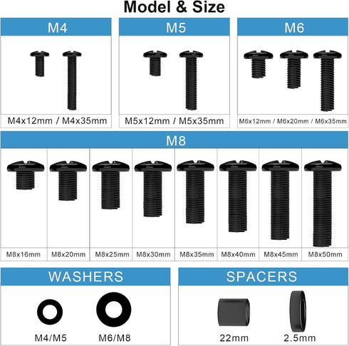Suptek Universal TV Installation Hardware Kit includes M4 M5 M6 M8 TV Sets Screws and Spacers for Most TVs Up to 80"/204cm YF-UVSP
