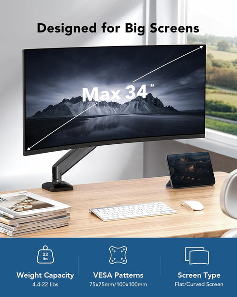 HUANUO 1334 Inch 22lbs, Grommet 75x75mm 100x100mm Single Monitor Mount, Adjustable Monitor Arm for Screen Up to C-Clamp