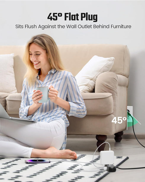 2Ft Extension Cord, SUPERDANNY Mini Surge Protector with 2 Wide-Spaced Outlets, USB Power Strip