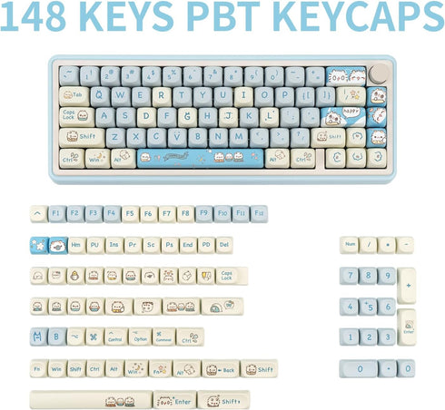 MOA Keycaps, PBT Keycaps, 148 Keys Blue White Cute Custom Gaming Keycaps Dye Sublimation for ANSI Layouts Cherry