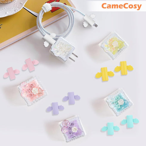 Glitter Cable Protector for iPhone Charger Adapter - Bling Cute Pearl Butterfly Flower Design, Yellow USB Case Cord