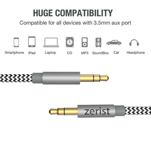 2 Pack 3.5mm Stereo Audio Cable Extension Male to Male Nylon Braided 10ft/3m Zerist Tangle-Free AUX Cable for Headphones, iPods, iPhones, iPads, Home/Car Stereos and More (Black)
