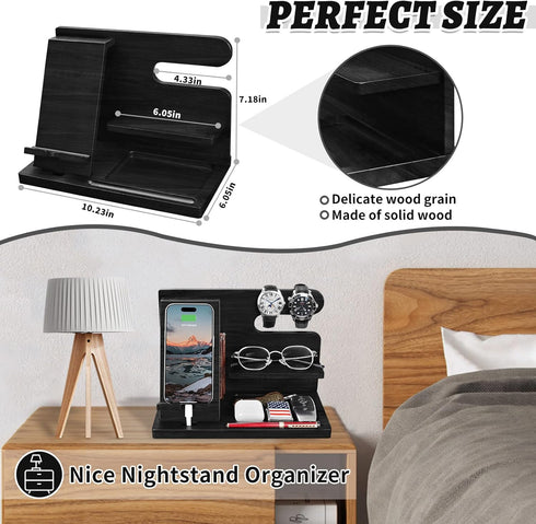 Gifts for Men Wood Phone Docking Station, Nightstand Organizer, Cell Phone Stand, Watch Holder, Desk Organizer