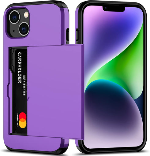 Nvollnoe iPhone 14 Case, Purple Heavy Duty Protective Dual Layer Shockproof Wallet Case with Card Holder