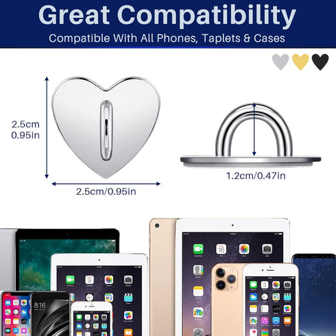 6 Pcs Cell Phone Ring Holder Stand Phone Ring Holder Adhesive Metal Phone Finger Grip Universal Ring Holder for Cell Phone Tablet, Sticky Phone Charms Accessories (Heart Shaped)
