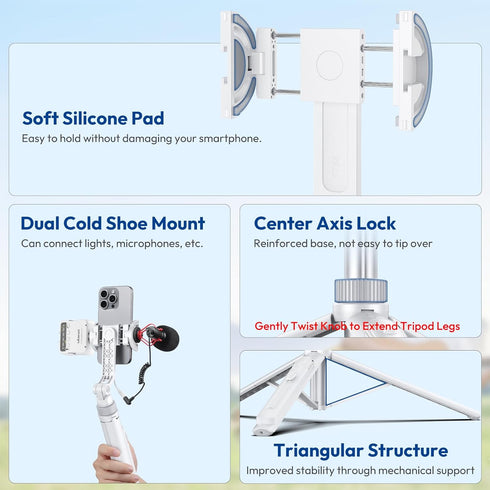 ULANZI TT88 17, 57" 2-in-1 Magnetic Tripod for iPhone Extendable Selfie Stick w Remote, Phone Clip & Dual Cold Shoe