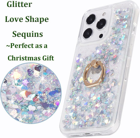 Glitter Case with Ring Holder for iPhone 13 Pro, Clear Kickstand Soft TPU Rubber Bumper, Silver