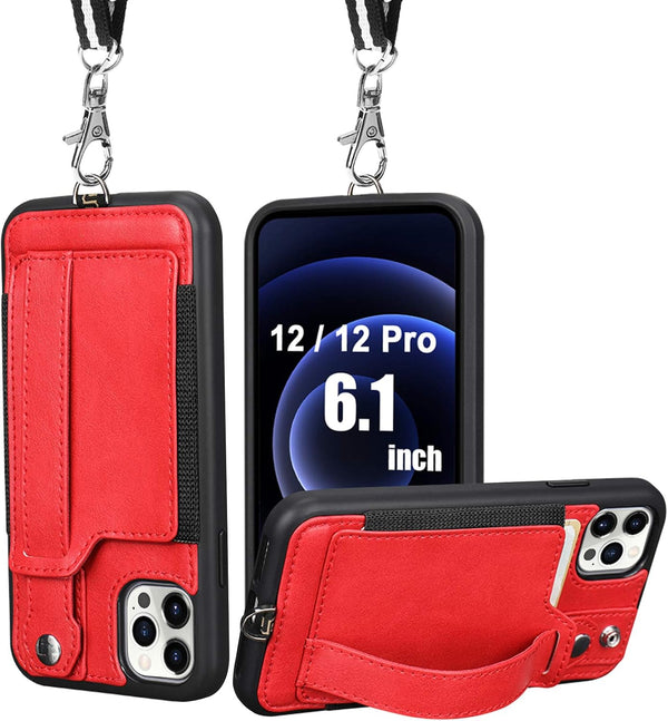 TOOVREN Compatible iPhone 12/iPhone 12 Pro Case, Slim Designer Wallet Protective Case with Card Holder (Red)