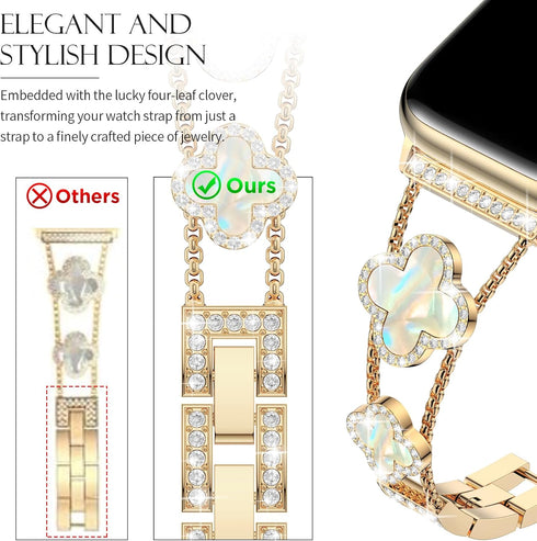 CTYBB Sparkle Diamond Band for Apple Watch 42mm 44mm 45mm Series 1-9, Cute Lucky Clover Dressy Wristband, Gold/White