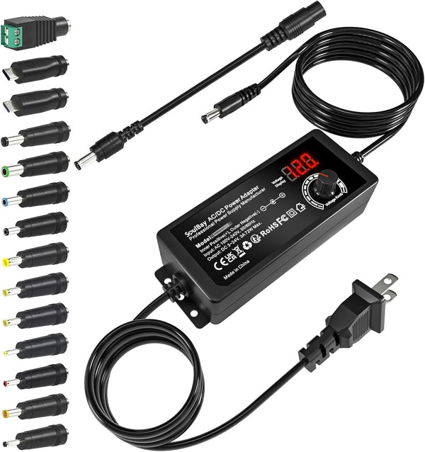 SoulBay Universal AC DC Power Supply Adapter, 72W 3V to 24V Output with Adjustable Voltage for Household Electronics