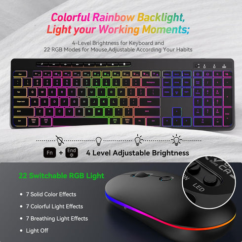 Wireless Keyboard and Mouse Combo with Backlit, 2.4G Full Size Ergonomic Keyboard with Light Up Letters, Rechargeable